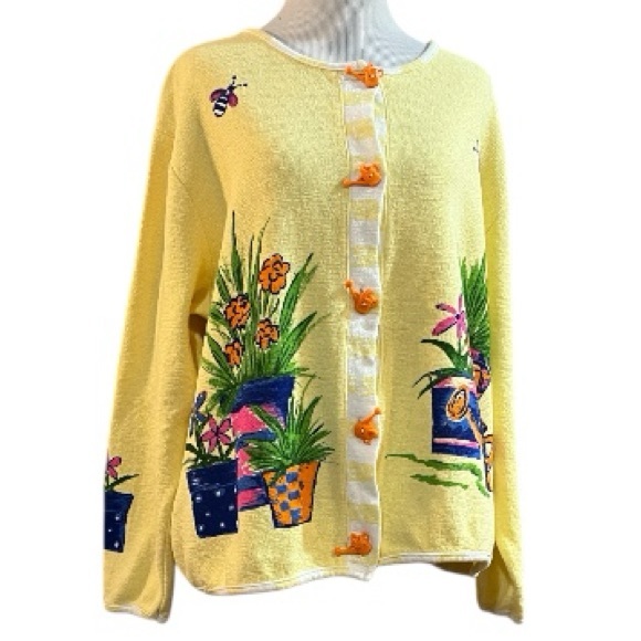 Vintage Sweaters - VINTAGE ONQUE CASUALS FLORAL GARDEN CARDIGAN TOP YELLOW MULTICOLOR SIZE LARGE